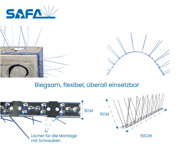 Pigeon spike SAFA PS 04-32, 4-row, 50 cm long, made of stainless steel